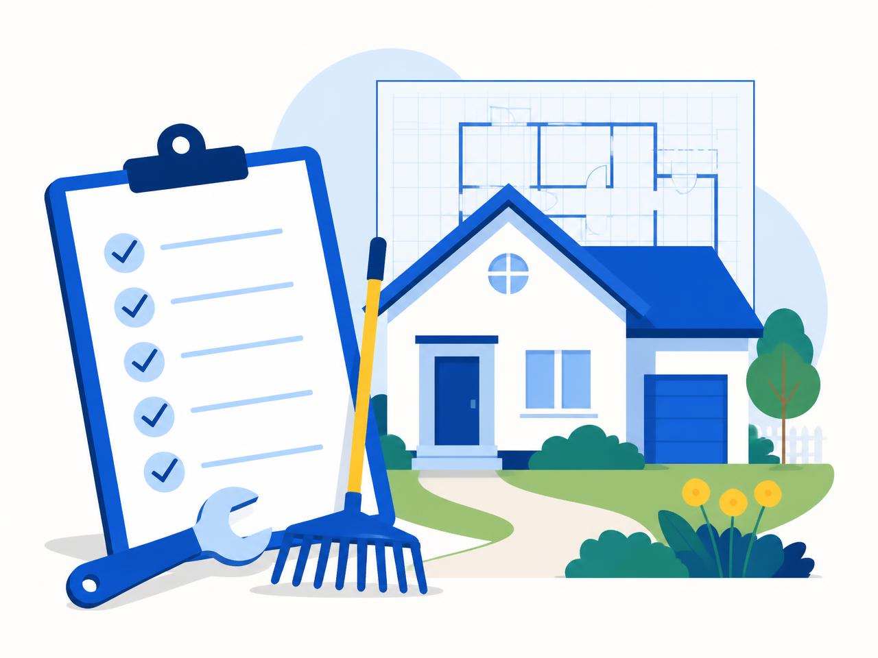 Illustrated technician with a checklist beside a house