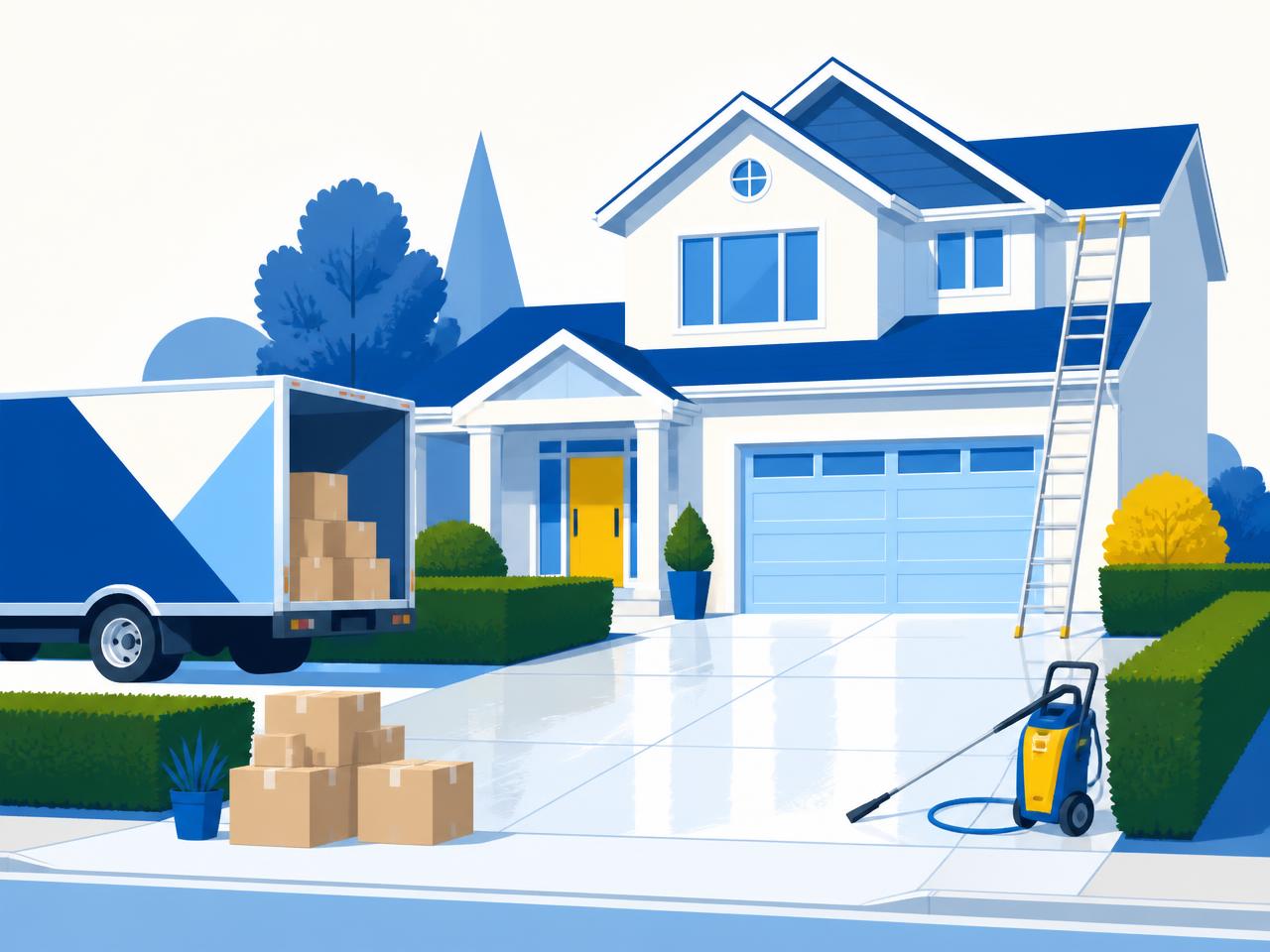 Illustrated crew helping a homeowner with moving, yard work, and power washing